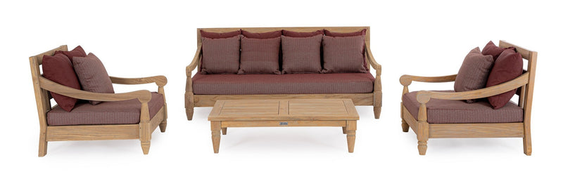 Canapea fixa pentru gradina / terasa, din lemn de tec, cu perne detasabile tapitate cu stofa, 3 locuri, Bali Burgundy / Natural, l190xA112xH81 cm (2)