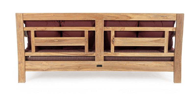 Canapea fixa pentru gradina / terasa, din lemn de tec, cu perne detasabile tapitate cu stofa, 3 locuri, Bali Burgundy / Natural, l190xA112xH81 cm (4)