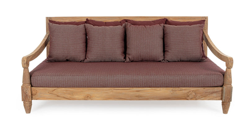 Canapea fixa pentru gradina / terasa, din lemn de tec, cu perne detasabile tapitate cu stofa, 3 locuri, Bali Burgundy / Natural, l190xA112xH81 cm (3)