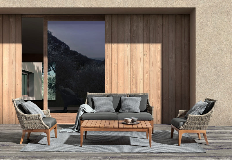 Canapea fixa pentru terasa, din aluminiu si lemn de tec, 2 locuri, Keilani Gri / Natural, l153xA73xH80,5 cm (1)