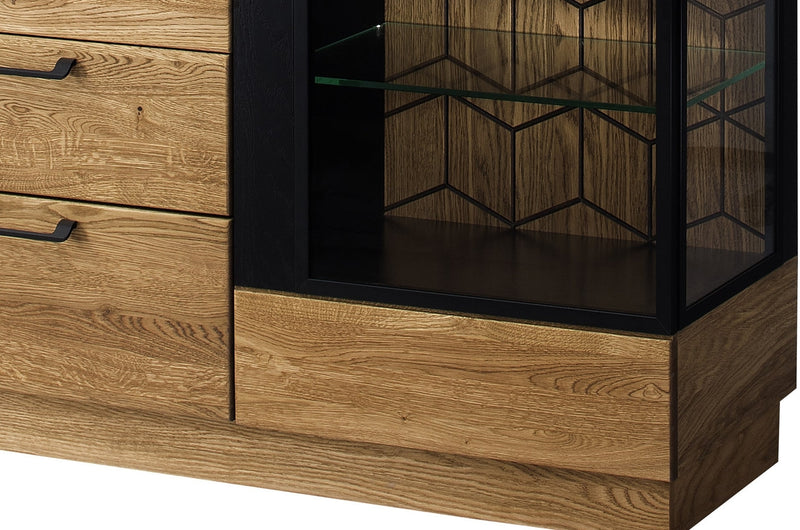 Comoda cu vitrina din lemn si furnir, 4 sertare si 2 usi, LED inclus Mosaic 47 Stejar / Negru, l170xA42xH90 cm (8)