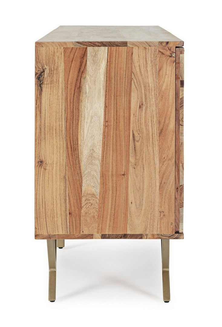 Comoda din lemn de salcam si metal, cu 3 sertare si 2 usi Raida Natural / Auriu, l140xA40xH76 cm (4)