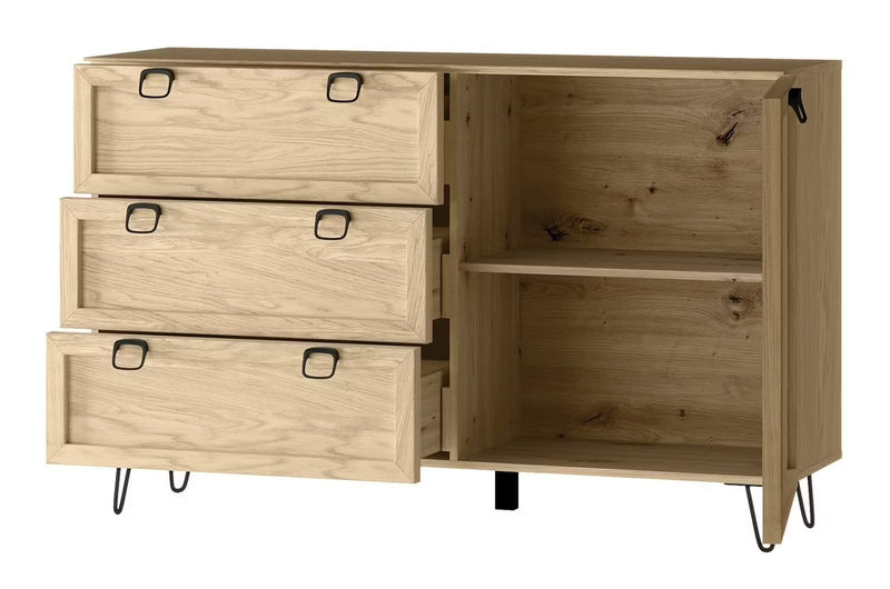 Comoda din pal, furnir si lemn, cu 3 sertare si 1 usa, Limbo 45 Stejar Artisan, l140xA42xH89 cm (4)
