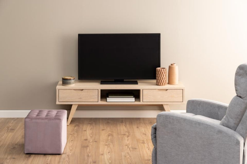 Comoda TV din lemn si furnir, cu 2 sertare, A-Line Stejar Deschis, l150xA40xH45 cm (1)
