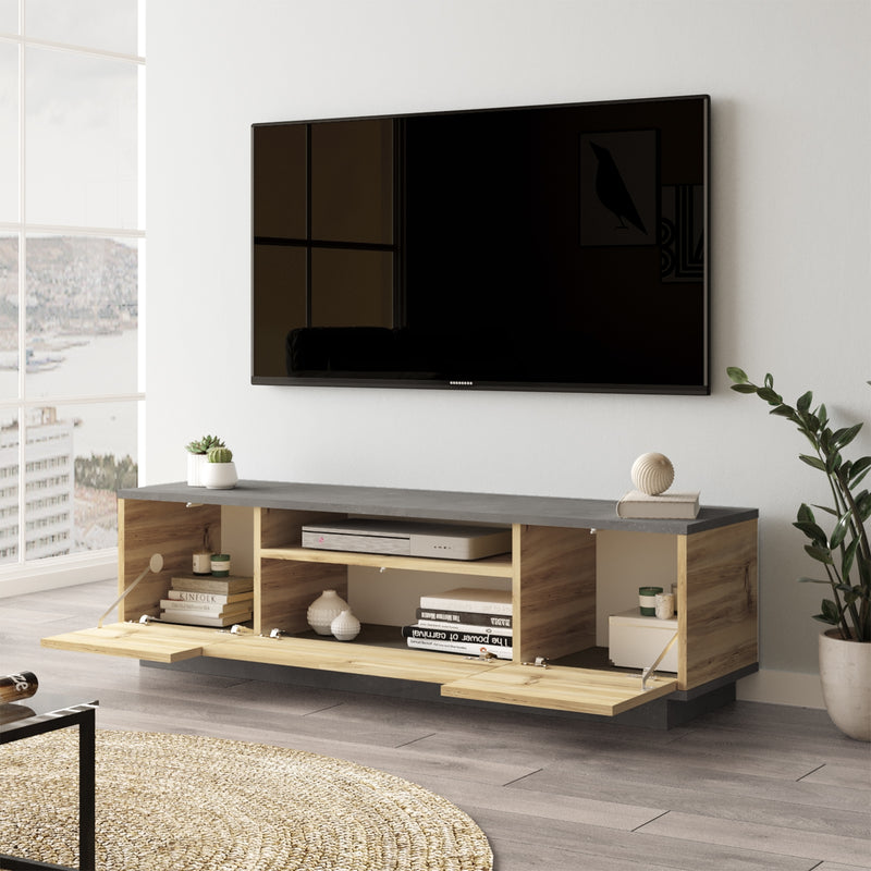 Comoda TV din pal, cu 3 usi, Luvio LV4-KR Gri / Stejar, l140xA35,3xH39,5 cm (1)