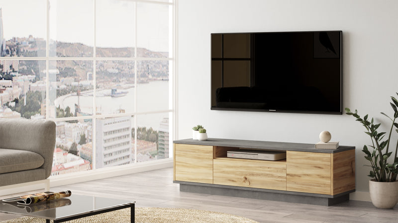 Comoda TV din pal, cu 3 usi, Luvio LV4-KR Gri / Stejar, l140xA35,3xH39,5 cm (2)