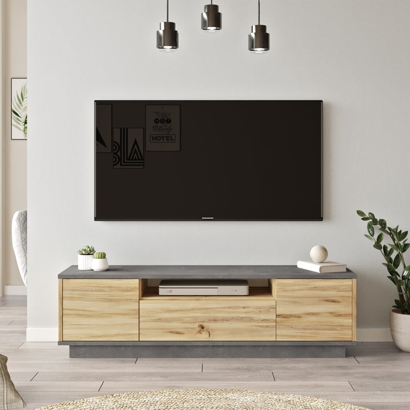 Comoda TV din pal, cu 3 usi, Luvio LV4-KR Gri / Stejar, l140xA35,3xH39,5 cm (3)