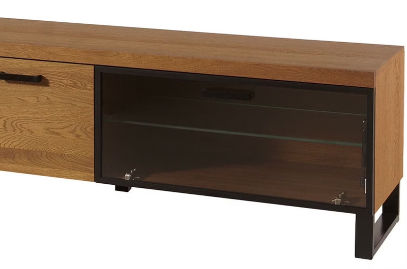 Comoda TV din pal, furnir si lemn, cu 3 usi si LED inclus, Pratto 25 Stejar Rustic, l180xA42xH54 cm (10)