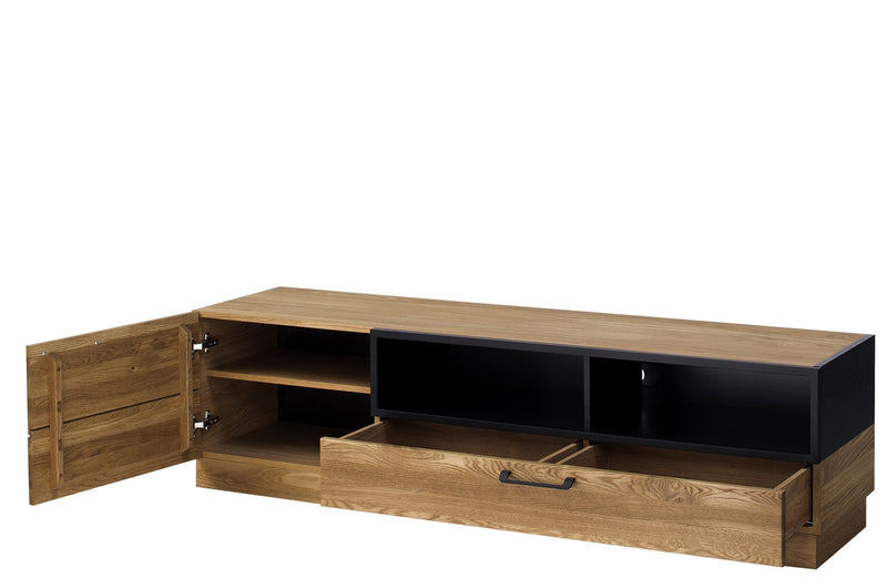 Comoda TV din lemn si furnir, cu 1 sertar si 1 usa Large Mosaic 25 Stejar / Negru, l170xA42xH46 cm (4)