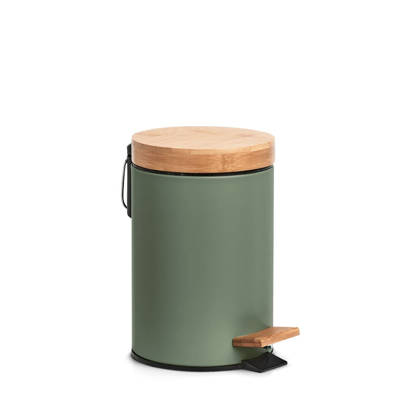 Cos de gunoi cu pedala pentru baie, din metal si bambus, Shade III Verde Inchis, Ø16,8xH24 cm