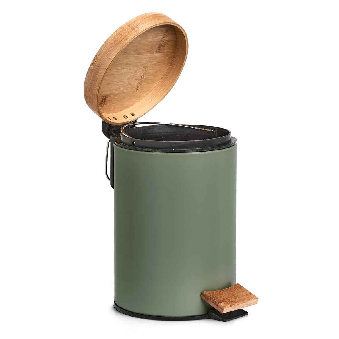 Cos de gunoi cu pedala pentru baie, din metal si bambus, Shade III Verde Inchis, Ø16,8xH24 cm (1)