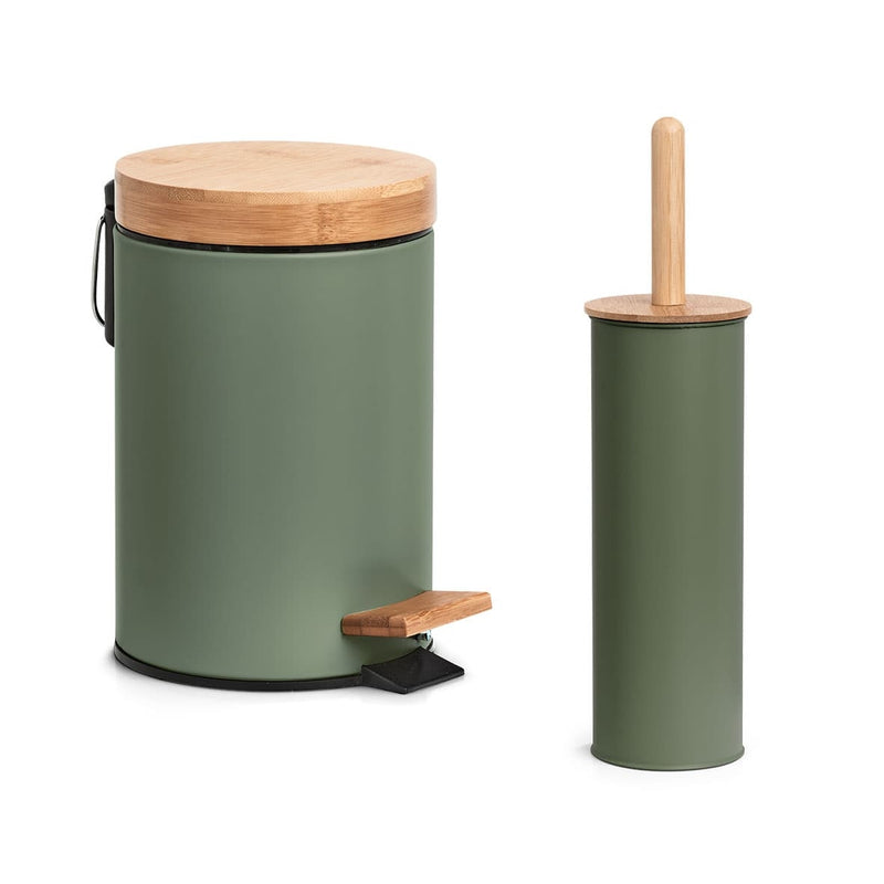 Cos de gunoi cu pedala pentru baie, din metal si bambus, Shade III Verde Inchis, Ø16,8xH24 cm (3)