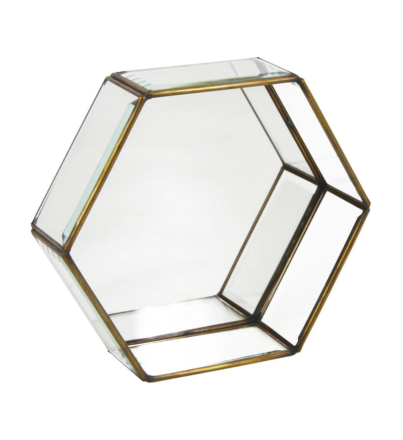 Cutie pentru depozitare cu capac, din sticla si metal Hexagonal Small  Transparent / Alama, L16xl14xH6 cm (2)