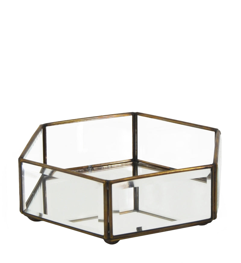 Cutie pentru depozitare cu capac, din sticla si metal Hexagonal Small  Transparent / Alama, L16xl14xH6 cm (1)