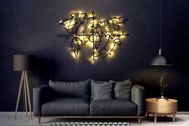 Asir Decoratiune luminoasa de perete, Led World Map Compass, l95xA2xH65 cm