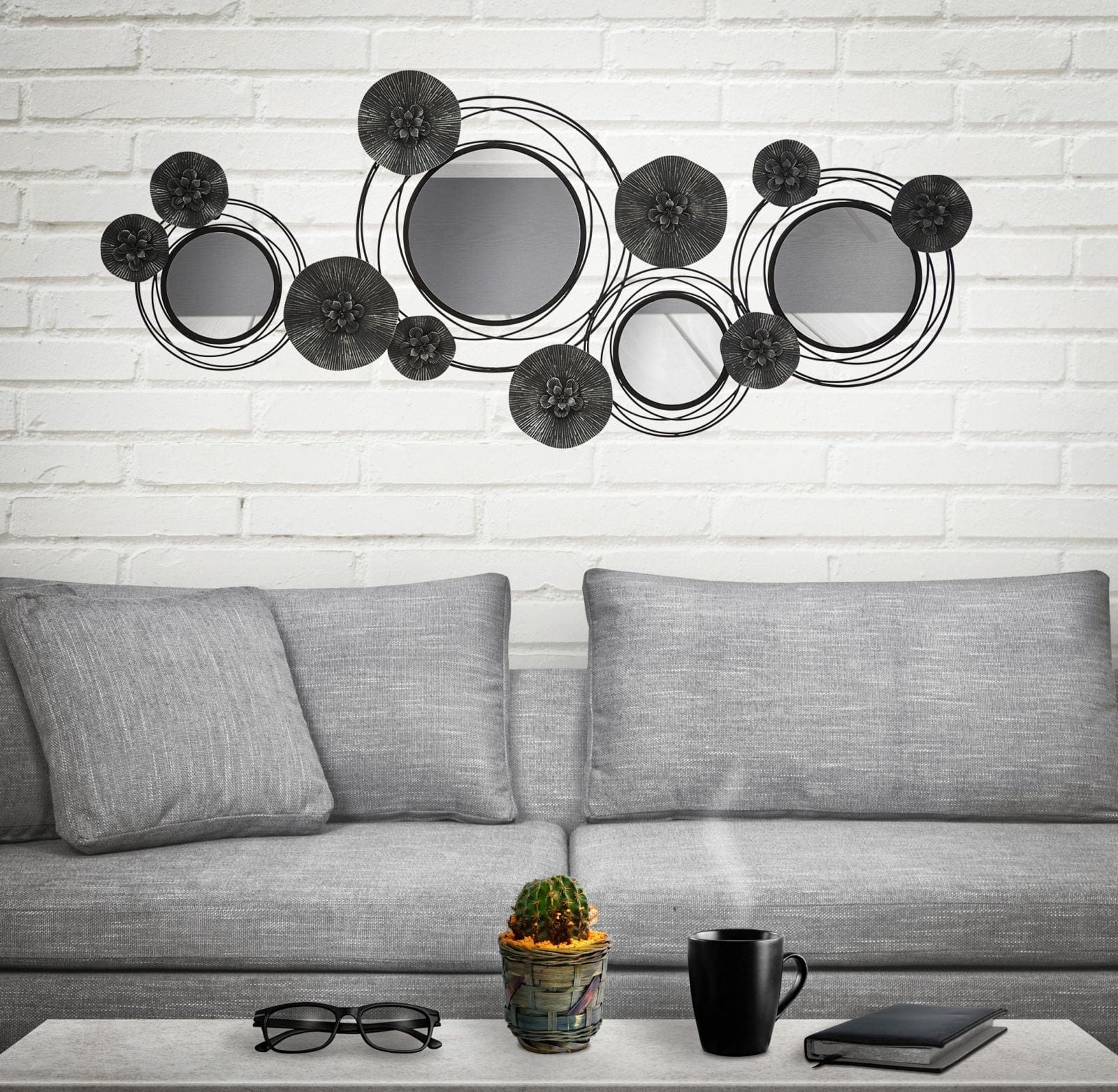 Mauro Ferretti Decoratiune metalica de perete, cu oglinda, Dark Round Negru / Gri, l117xA5,5xH49 cm