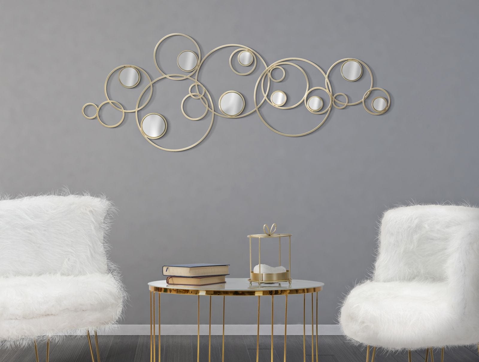 Decoratiune metalica de perete, cu oglinda, Light Mirror Auriu, l118,5xA2,5xH47 cm (1)