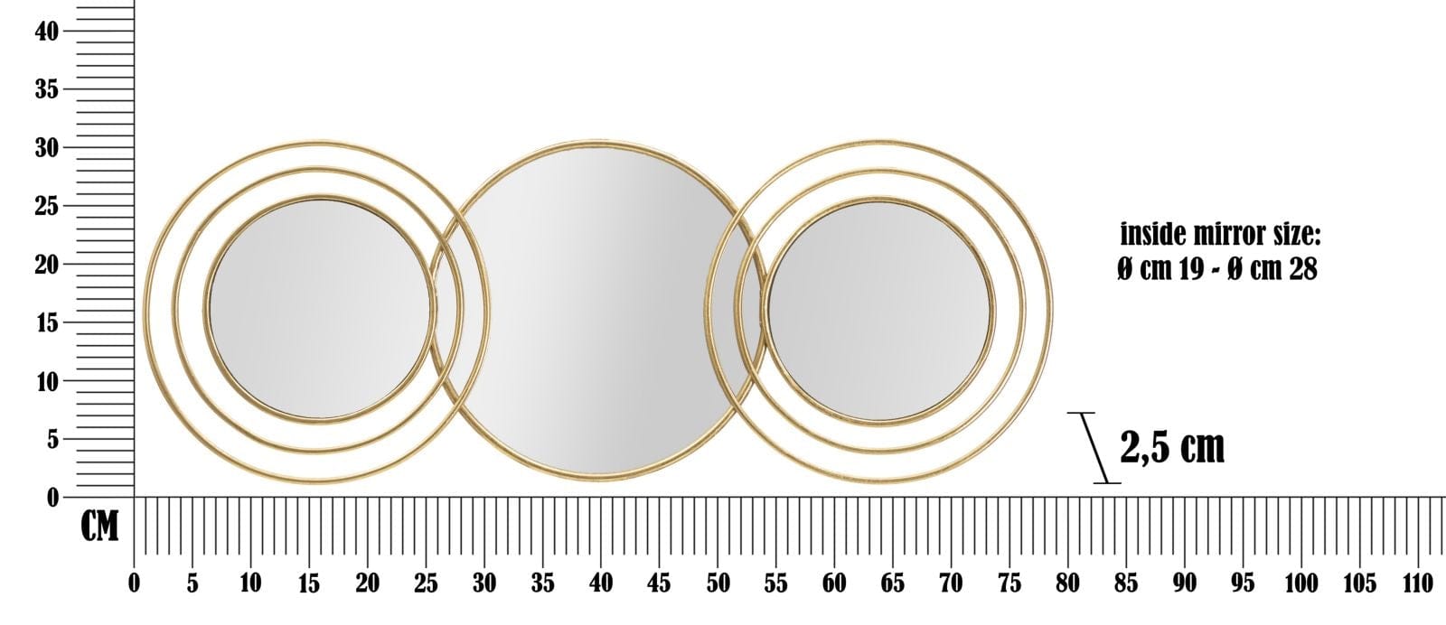 Mauro Ferretti Decoratiune metalica de perete cu oglinda, Triply Round Auriu, l79xA2,5xH30 cm
