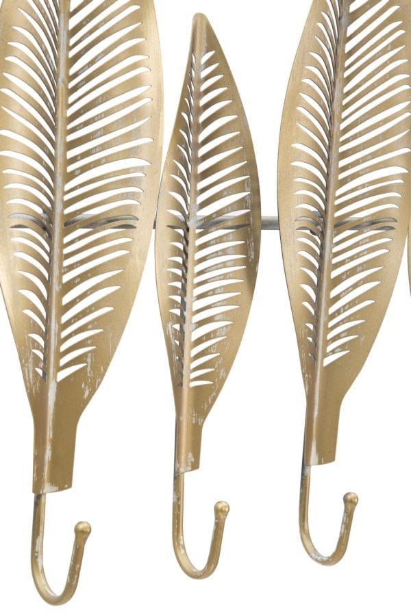 Mauro Ferretti Decoratiune metalica de perete, cu suport chei, Long Leaf Auriu Antichizat, l65xA6xH42,5 cm