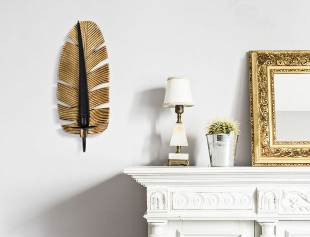 Decoratiune metalica de perete, cu suport lumanare, Glam Leaf Auriu / Negru, l12,8xA8,9xH31,2 cm (1)