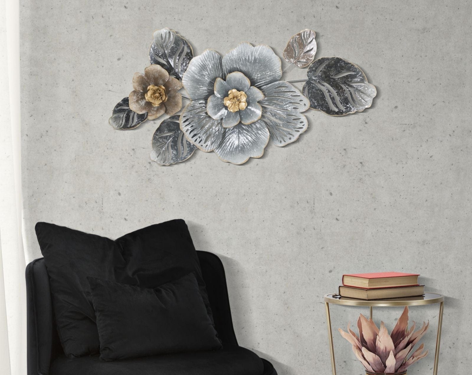 Mauro Ferretti Decoratiune metalica de perete, Grey Flowers B Multicolor, l84xA9,5xH48 cm