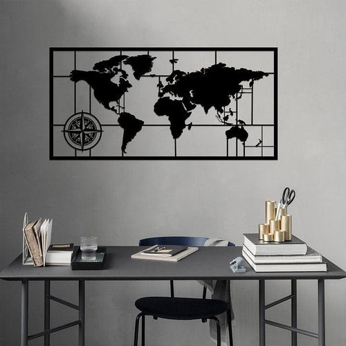 Asir Decoratiune metalica de perete, World Map 7 Negru, l121xA1,5xH60 cm