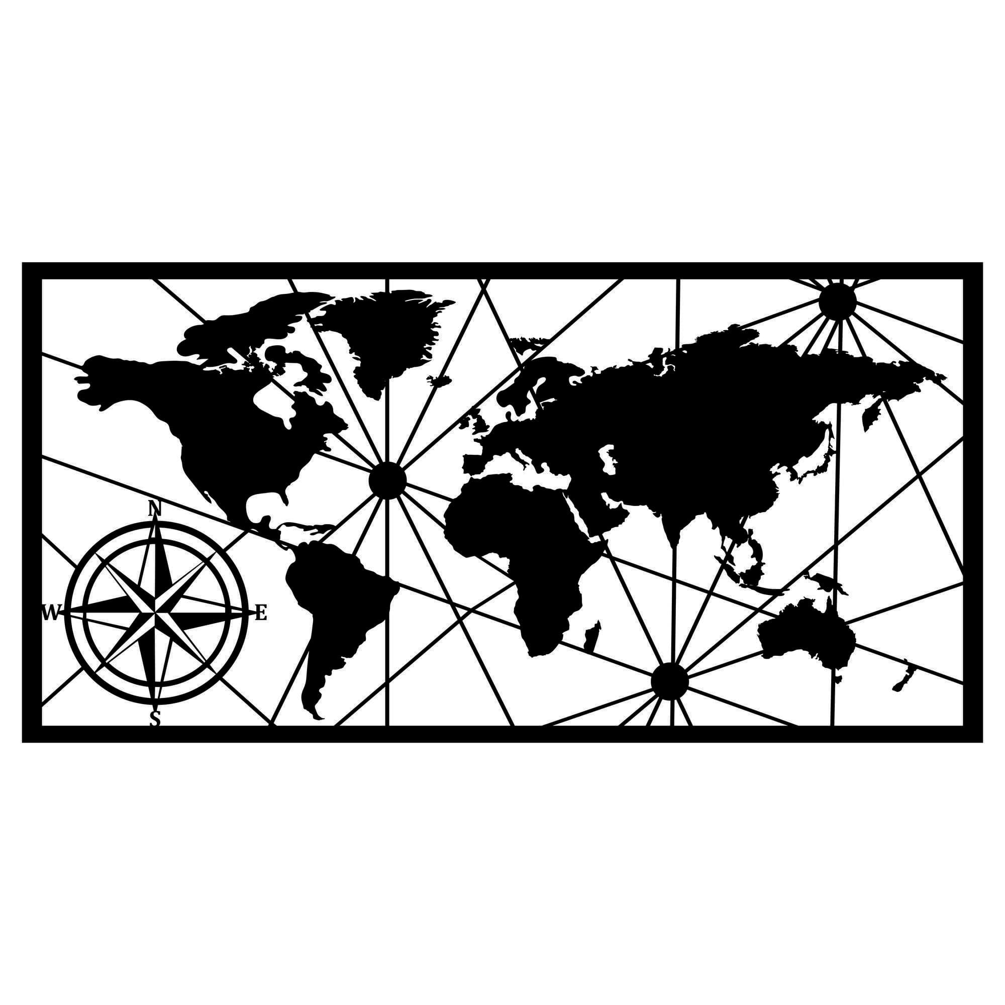 Asir Decoratiune metalica de perete, World Map Large 2 Negru, l120xA1,5xH60 cm
