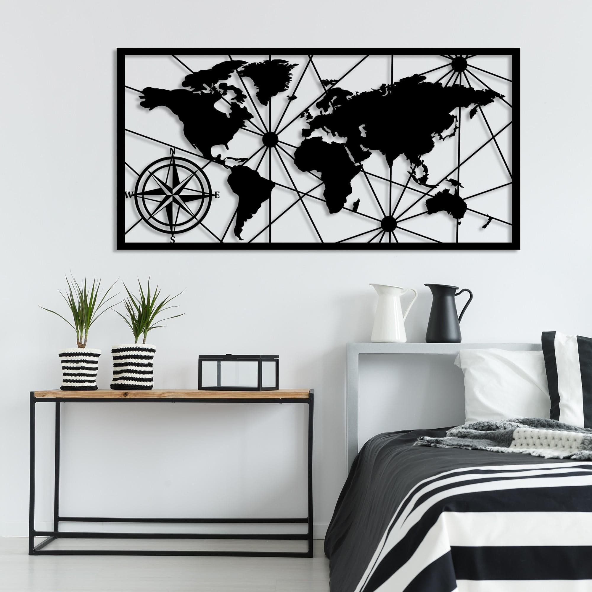 Asir Decoratiune metalica de perete, World Map Large 2 Negru, l120xA1,5xH60 cm