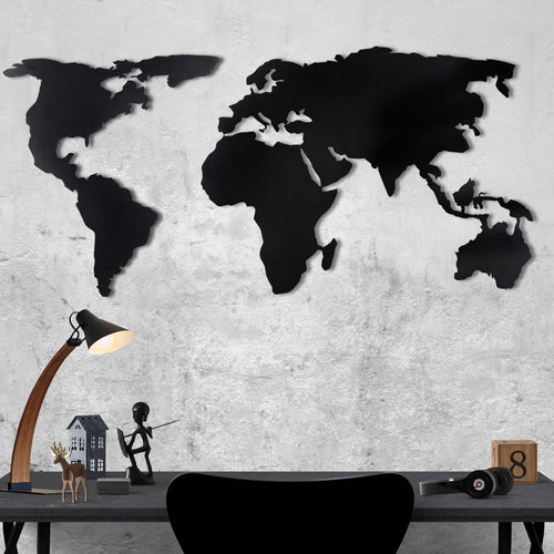 Asir Decoratiune metalica de perete, World Map Silhouette Negru, l120xA2xH60 cm