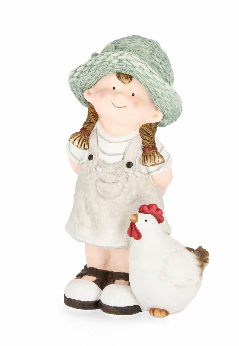 Decoratiune de gradina, din magnesia, Farm Girl With Chicken Multicolor, L24,3xl16,5xH42,5 cm