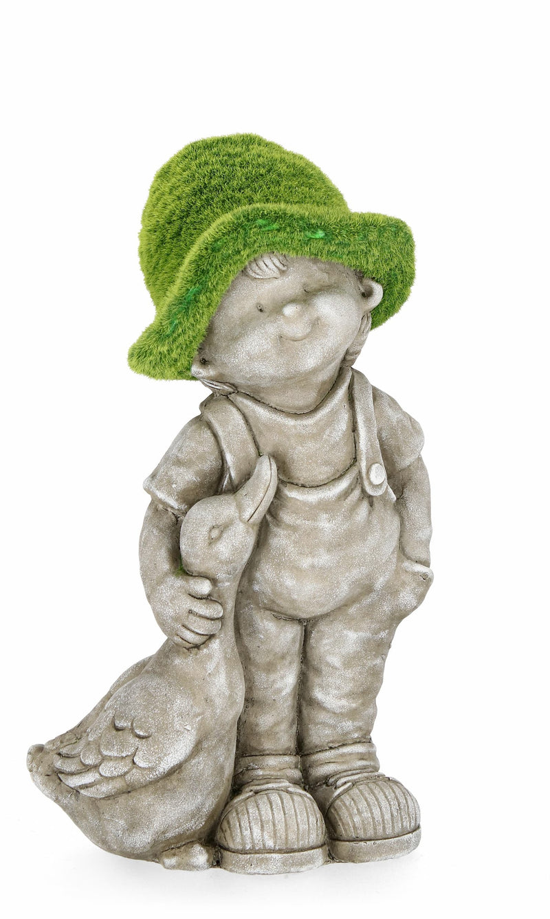 Decoratiune de gradina, din magnesia, Garden Boy With Duck Gri / Verde, L25,5xl25,5xH44,5 cm