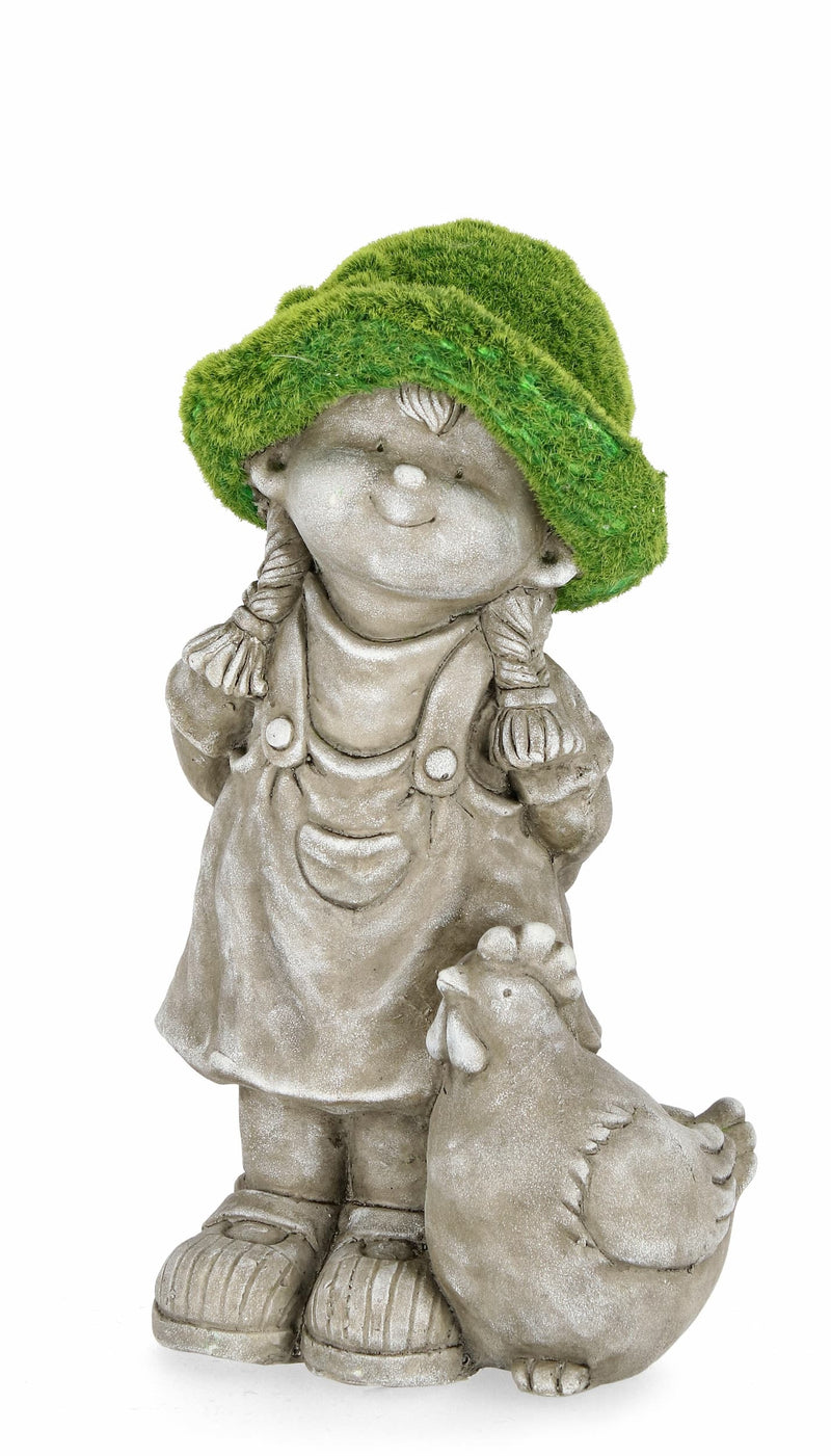Decoratiune de gradina, din magnesia, Garden Girl With Chicken Gri / Verde, L25,5xl25,5xH44,5 cm