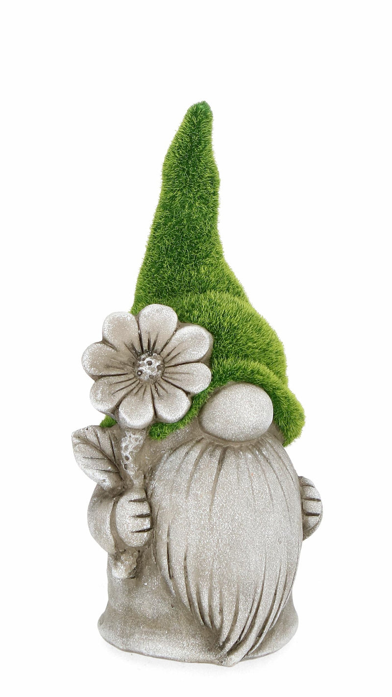 Decoratiune de gradina, din magnesia, Garden Gnome With Flower Gri / Verde, L14,5xl14,5xH31 cm