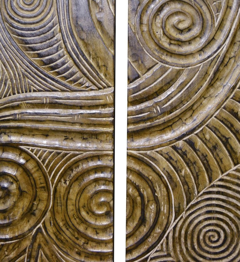 Decoratiune de perete, din lemn de tec, 3 piese, Large Carved Natural, 150 x 180 cm (1)