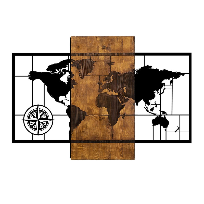 Decoratiune de perete, din lemn si metal, World Map With Compass, Nuc / Negru, l85xA3xH58 cm (1)