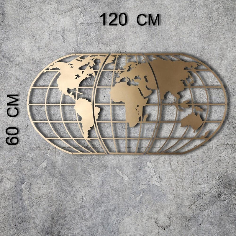 Decoratiune de perete din metal, World Map Glob Auriu, l120xA2xH60 cm (5)