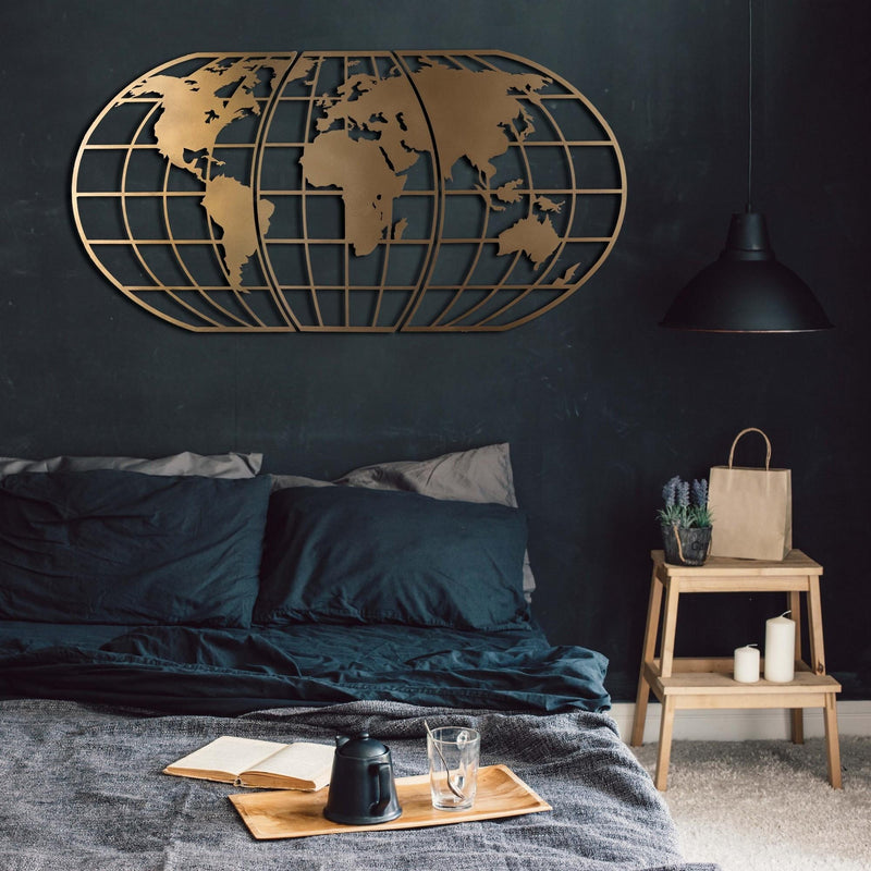 Decoratiune de perete din metal, World Map Glob Auriu, l120xA2xH60 cm (2)