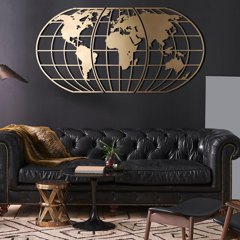 Decoratiune de perete din metal, World Map Glob Auriu, l120xA2xH60 cm (1)