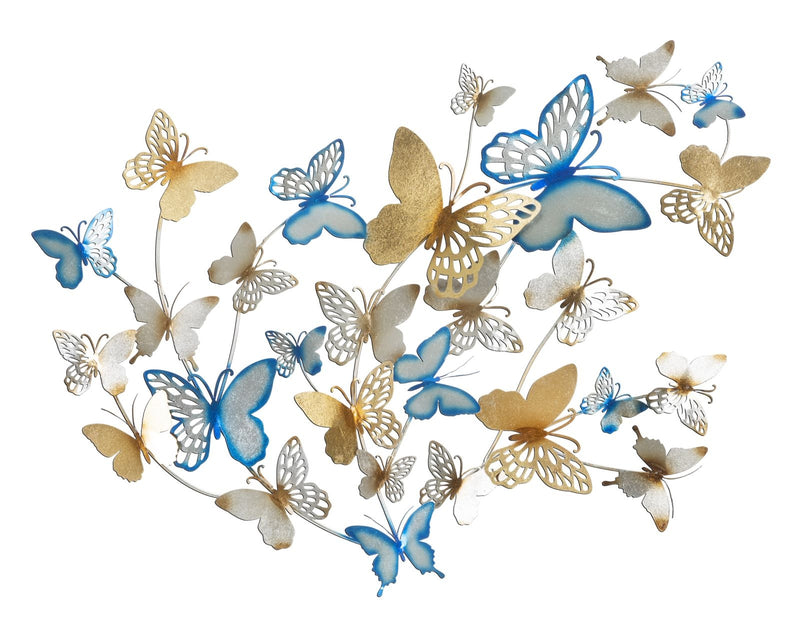 Decoratiune metalica de perete Butterflies Auriu / Bleu, l132xA3,5xH95,5 cm