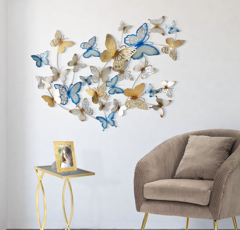 Decoratiune metalica de perete Butterflies Auriu / Bleu, l132xA3,5xH95,5 cm (1)