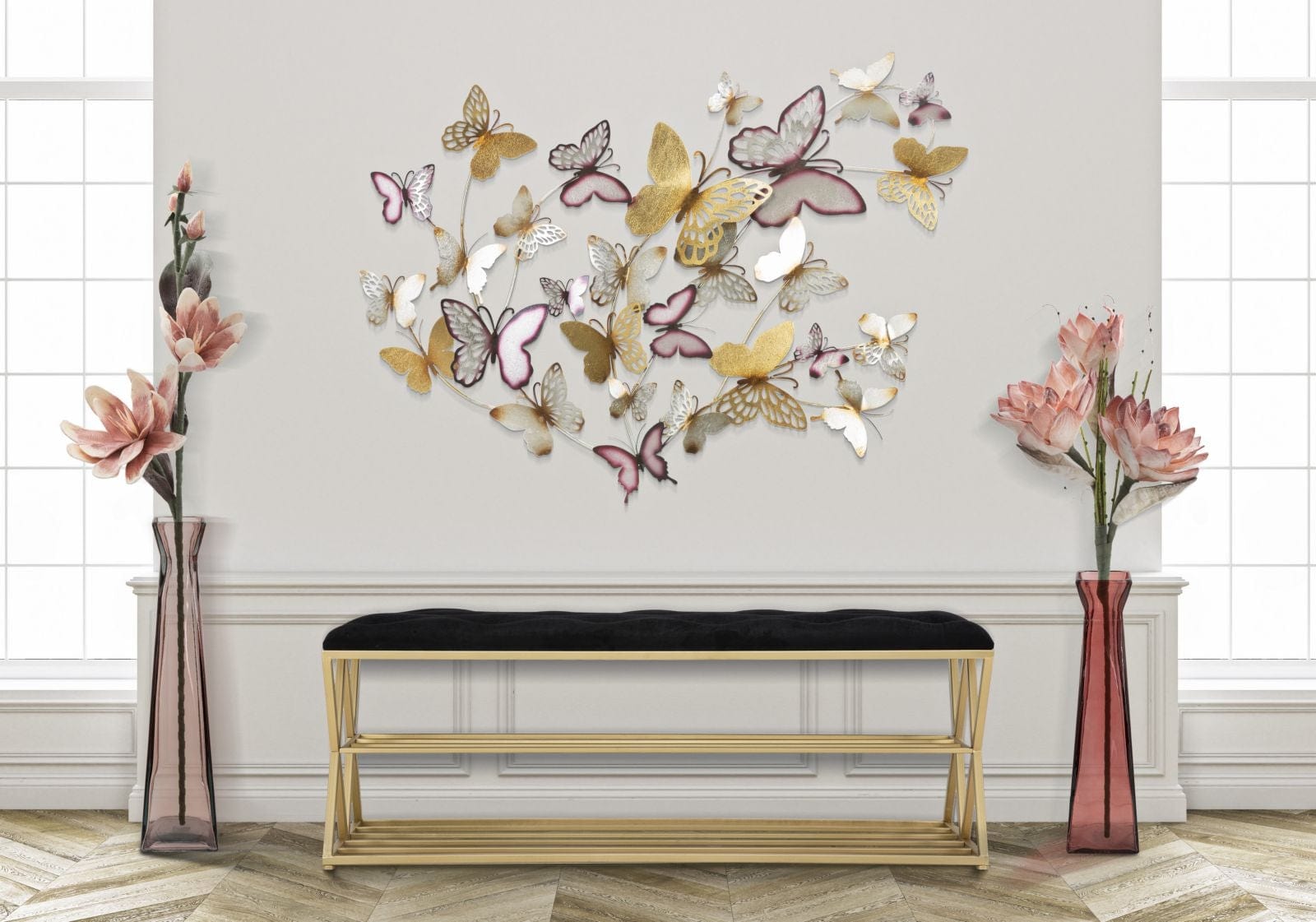 Decoratiune metalica de perete Butterflies Auriu / Bordeaux, l132xA3,5xH95,5 cm (1)