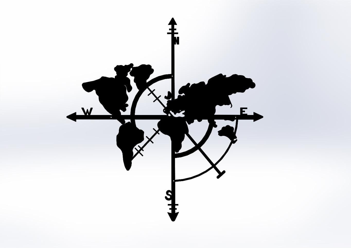 Decoratiune metalica de perete, Compass World Map Negru, l48xA1,5xH50 cm (1)