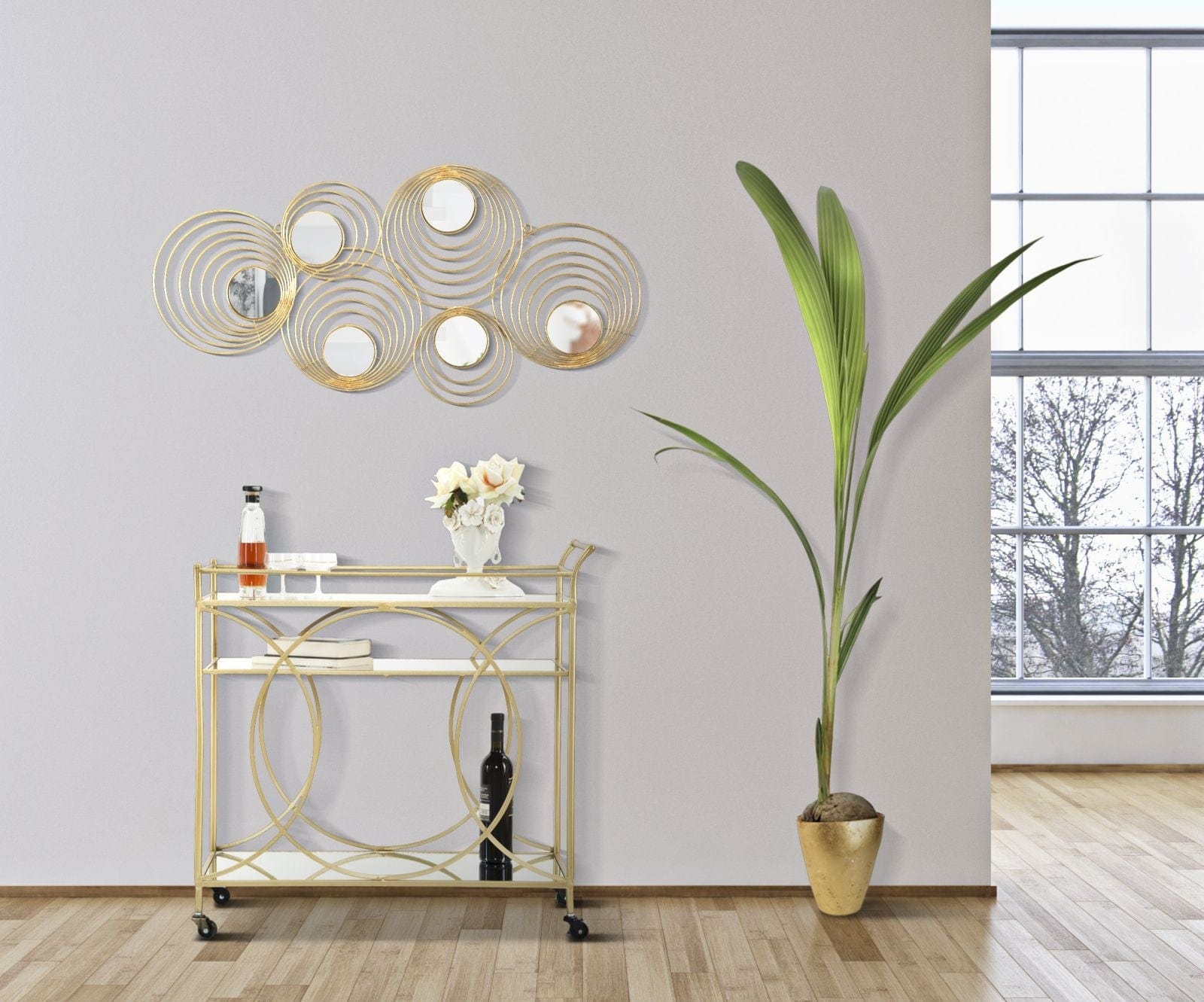 Decoratiune metalica de perete, cu oglinda, Rays Auriu, l90xA2,5xH45 cm (1)