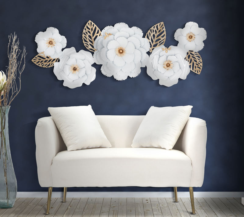 Decoratiune metalica de perete, Lovely Flowers Bloom Alb / Auriu, l158xA9xH60 cm (1)