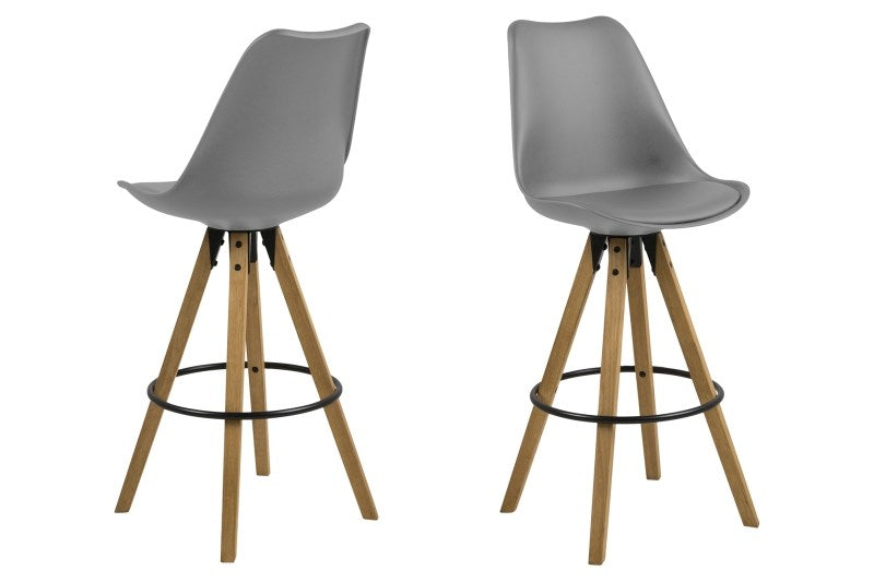 Set 2 scaune de bar din plastic, sezut tapitat cu piele ecologica si picioare din lemn Dima Gri / Stejar, l48,5xA55xH111,5 cm (2)