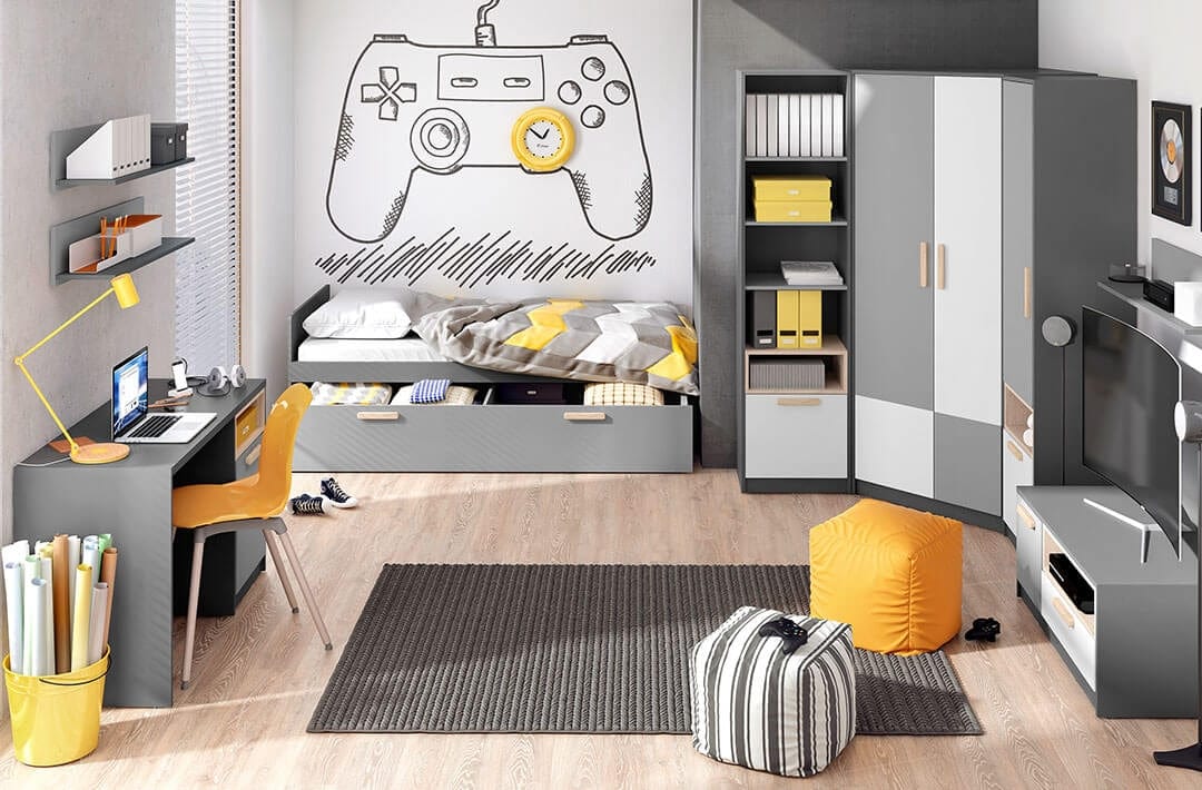 Lenart Dulap de colt din pal cu 2 usi, pentru copii si tineret, Pok 01 Gri / Alb / Grafit, l95xA95xH193 cm