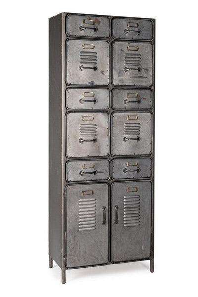 Dulap din lemn de pin si metal, cu 10 sertare si 2 usi, Store Gri, l65,5xA34,5xH169 cm