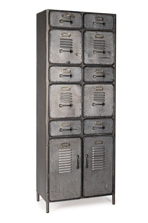 Dulap din lemn de pin si metal, cu 10 sertare si 2 usi, Store Gri, l65,5xA34,5xH169 cm