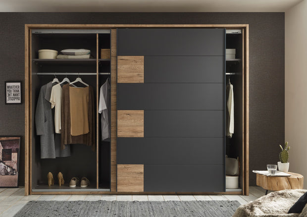 Pol-Power Dulap din pal cu 2 usi glisante Lines Grafit / Stejar, l280xA60xH215 cm