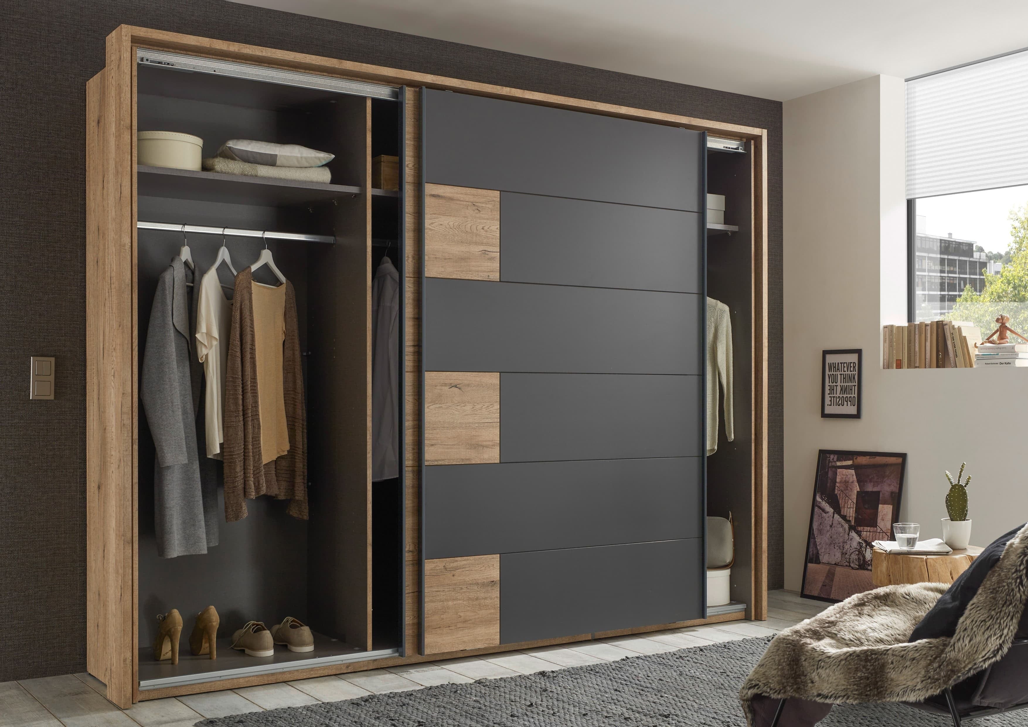 Pol-Power Dulap din pal cu 2 usi glisante Lines Grafit / Stejar, l280xA60xH215 cm